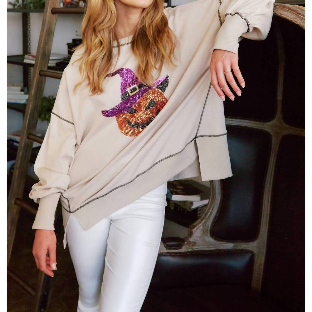 NEW FANTASTIC FAWN sequin halloween pumpkin patch knit sweatshirt in tan - Picture 5 of 7